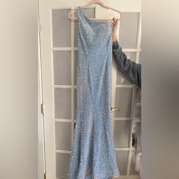 Sherri Hill One Shoulder light blue Sequin Long Sz 8 Prom Pageant Dress - Picture 6 of 8